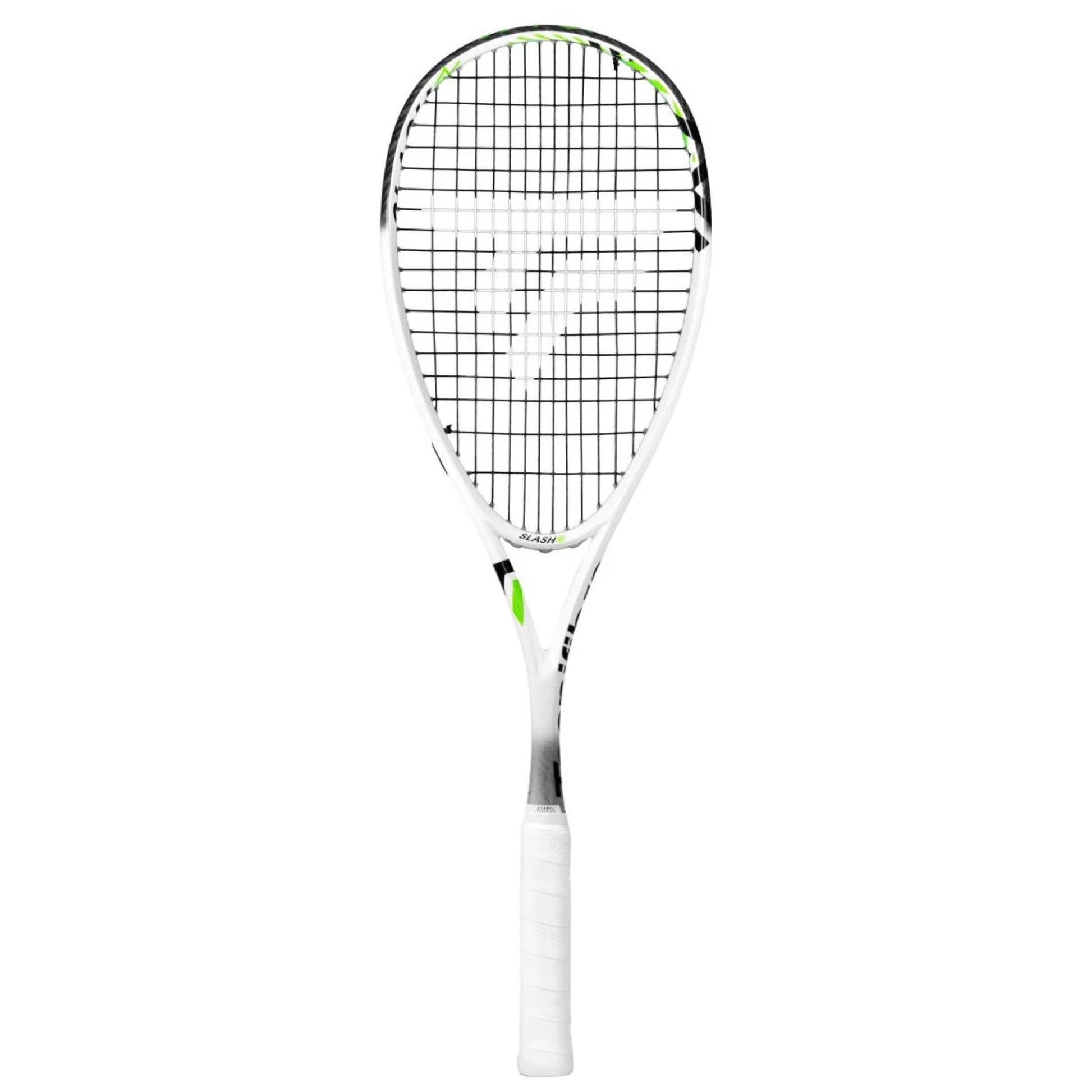A Tecnifibre squash racket with a white frame, black and white stringing, and small green accents, shown vertically against a plain white background.