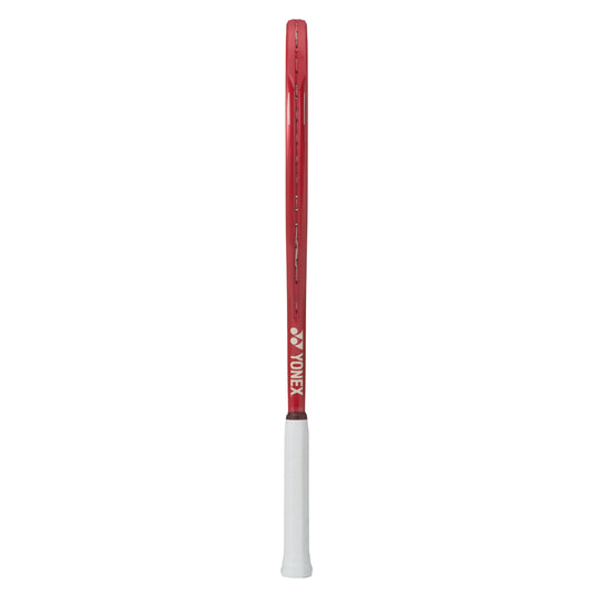 Red and white tennis racket with Yonex branding on a white background