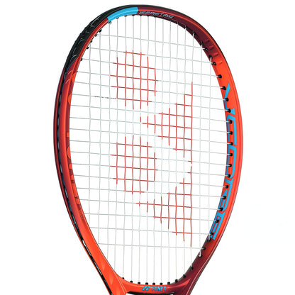 Red and blue tennis racket on a white background