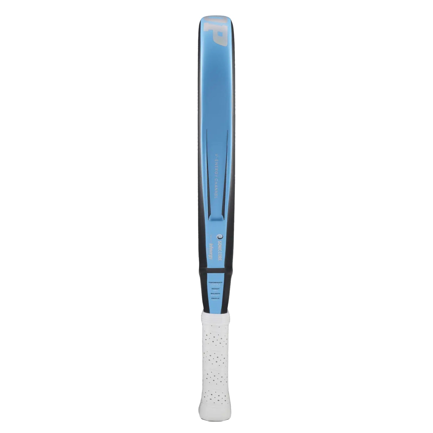 Dunlop padel racket with blue side and white handle on a white background
