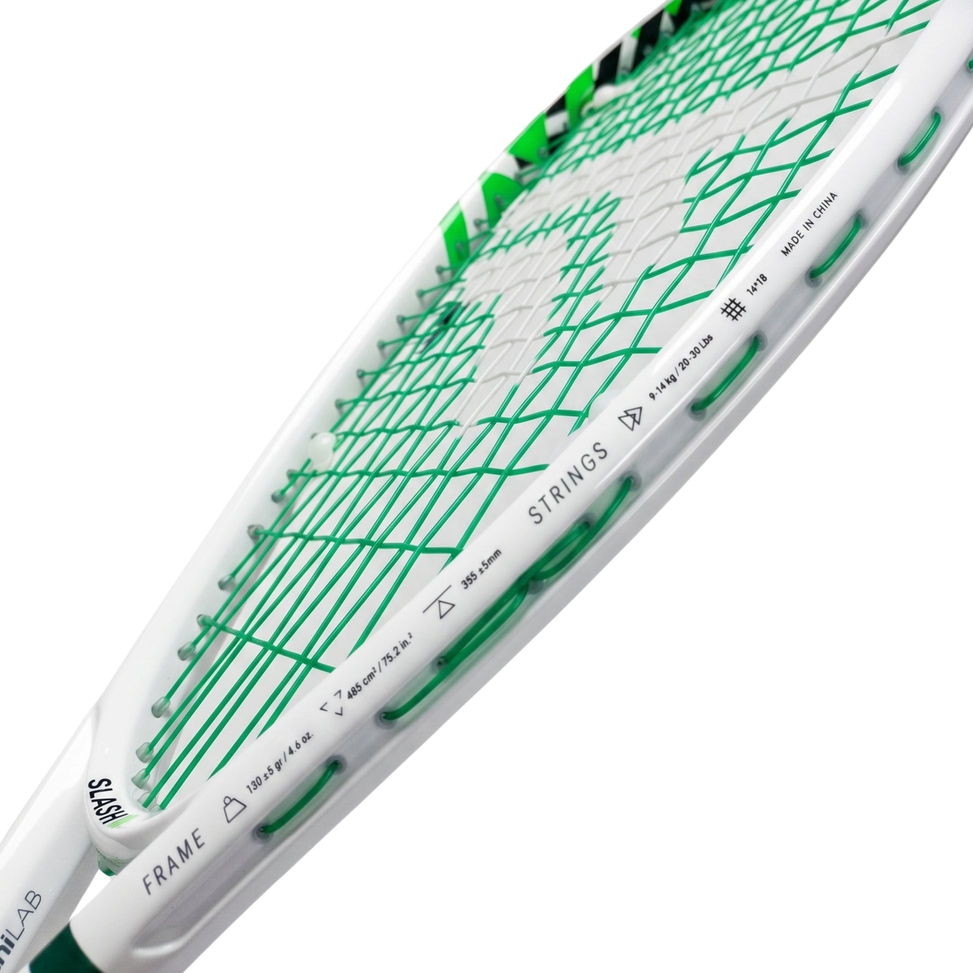 A close-up of a white and green Tecnifibre squash racket head, showing the string bed, frame markings, and throat on a clean white background.