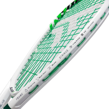 A close-up of a white and green Tecnifibre squash racket head, showing the string bed, frame markings, and throat on a clean white background.