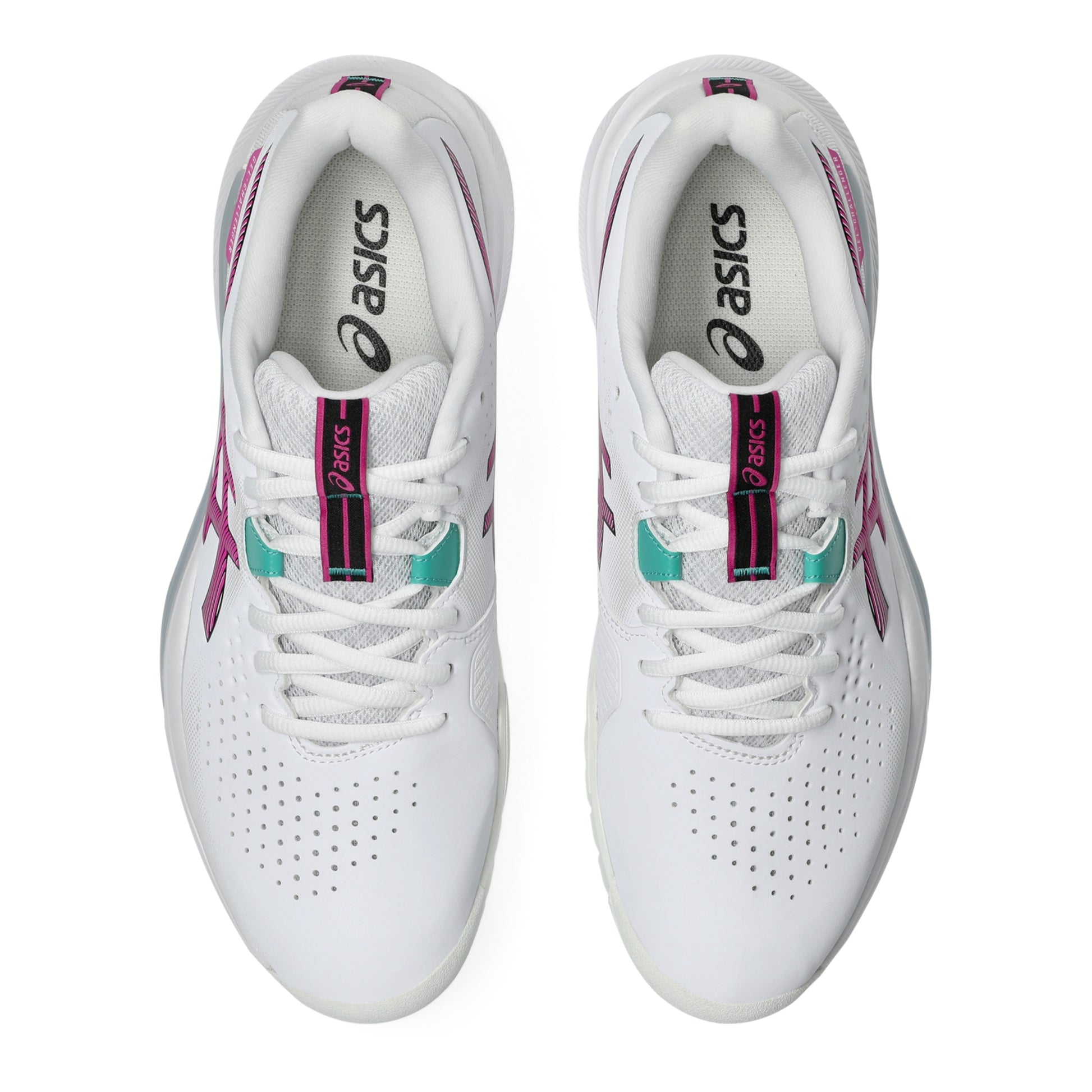 White tennis shoes with pink and green accents on a white background