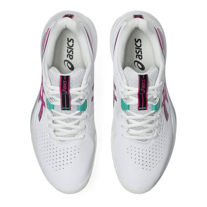 White tennis shoes with pink and green accents on a white background