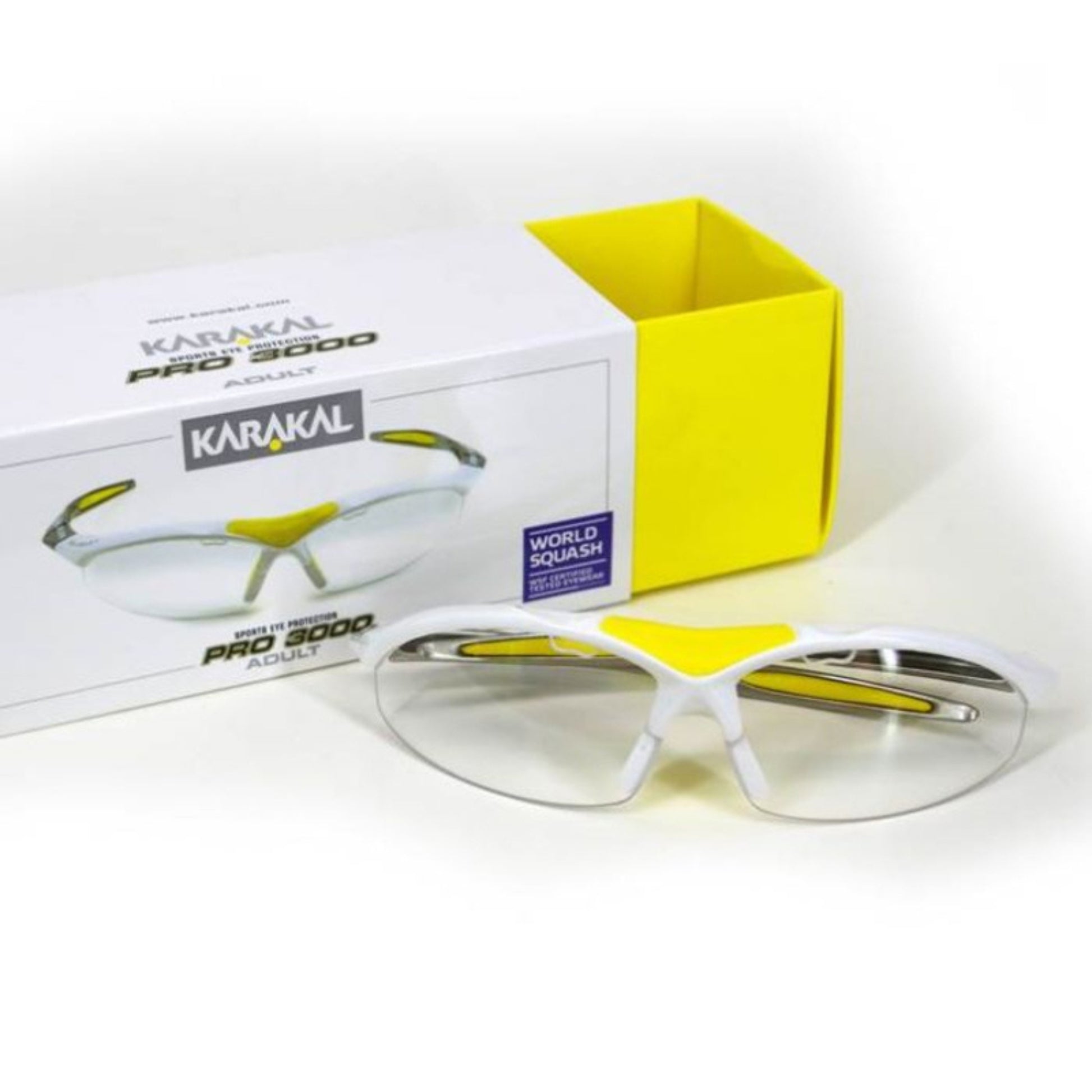 White and yellow sports sunglasses with Karakal packaging on a white background