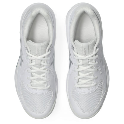 A pair of white tennis shoes shown from a top-down view on a clean white background.