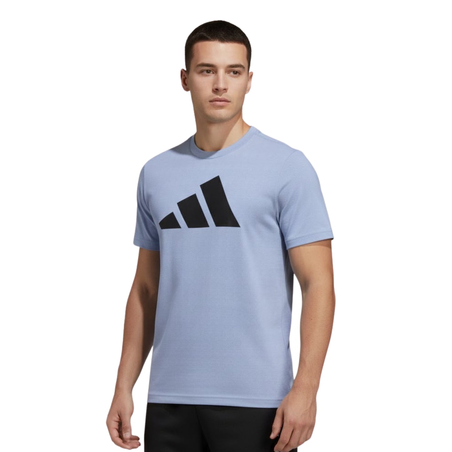 Man wearing light blue shirt with adidas logo