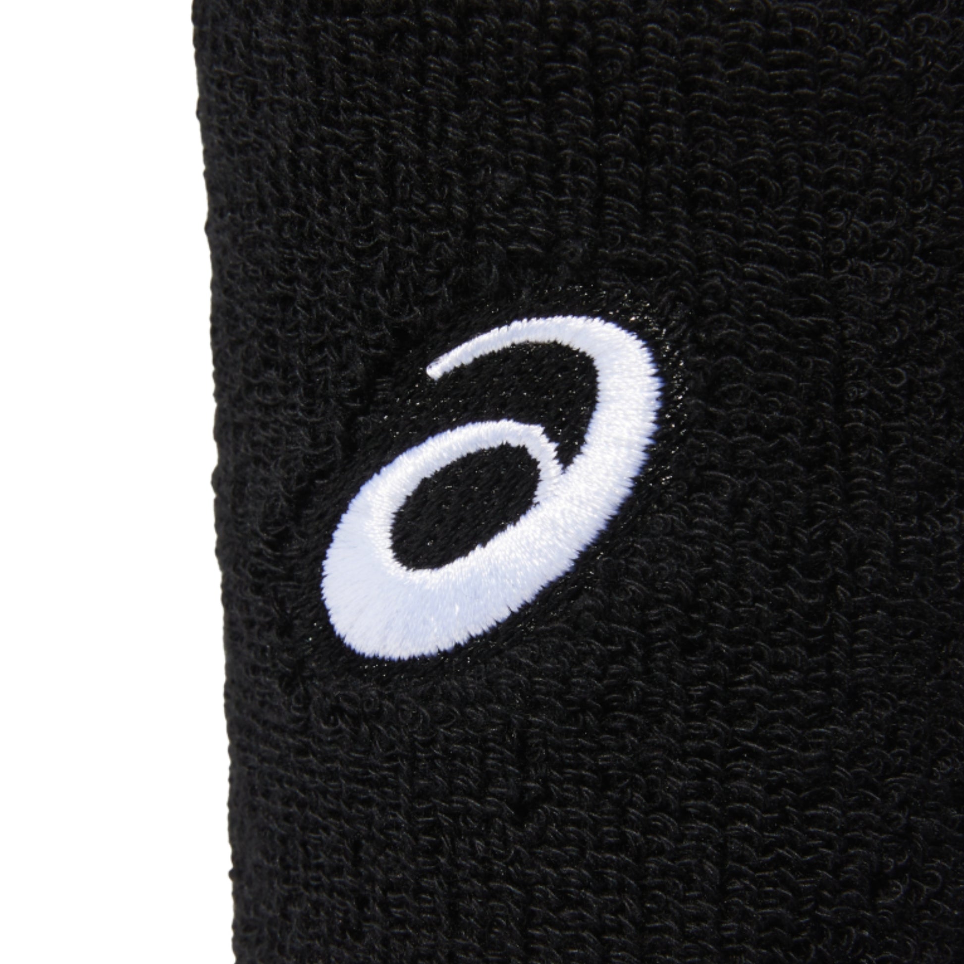 Black wristband with a white Asics logo on a white background