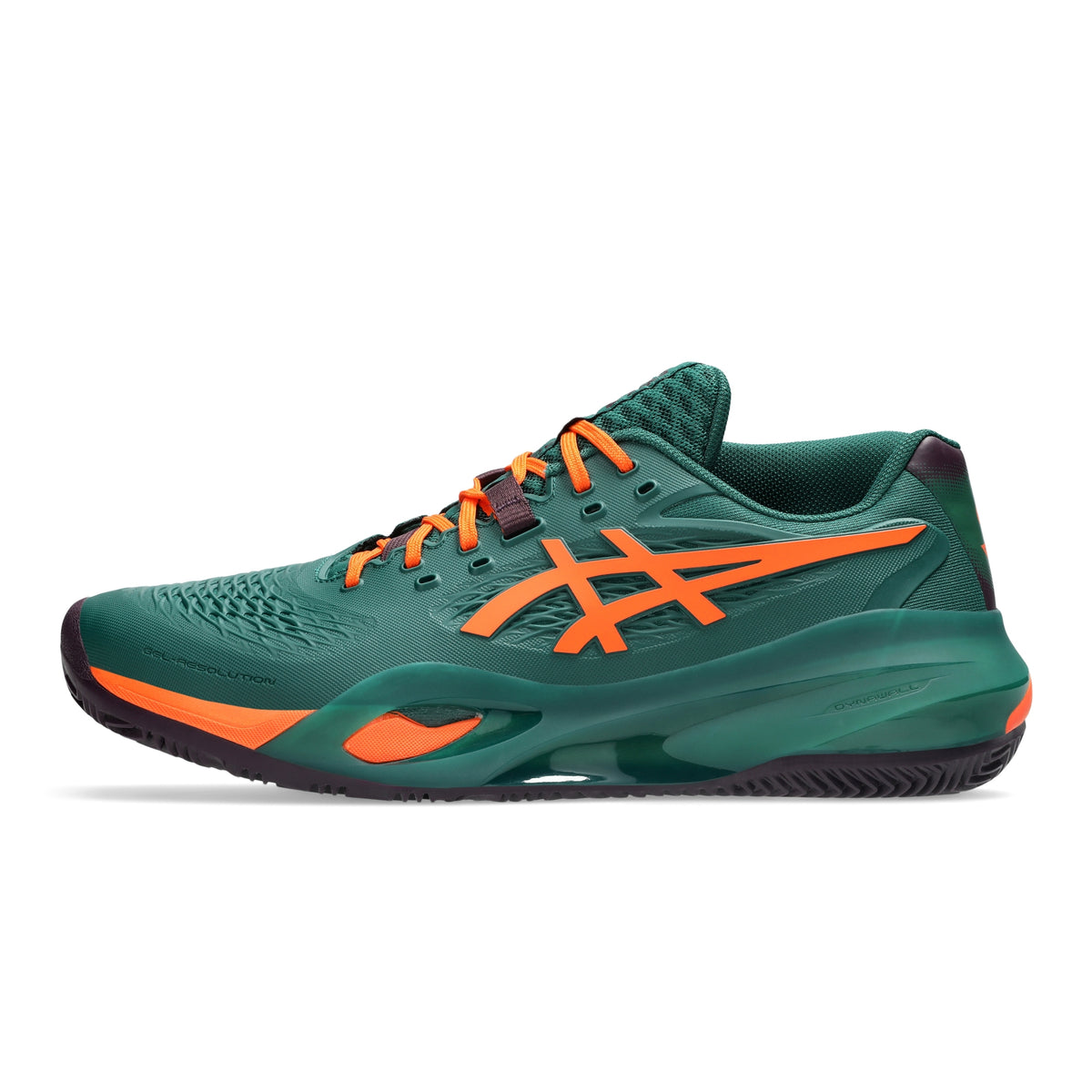 A dark green padel shoe with bright orange accents, including the ASICS logo and laces, shown in a side profile on a white background.