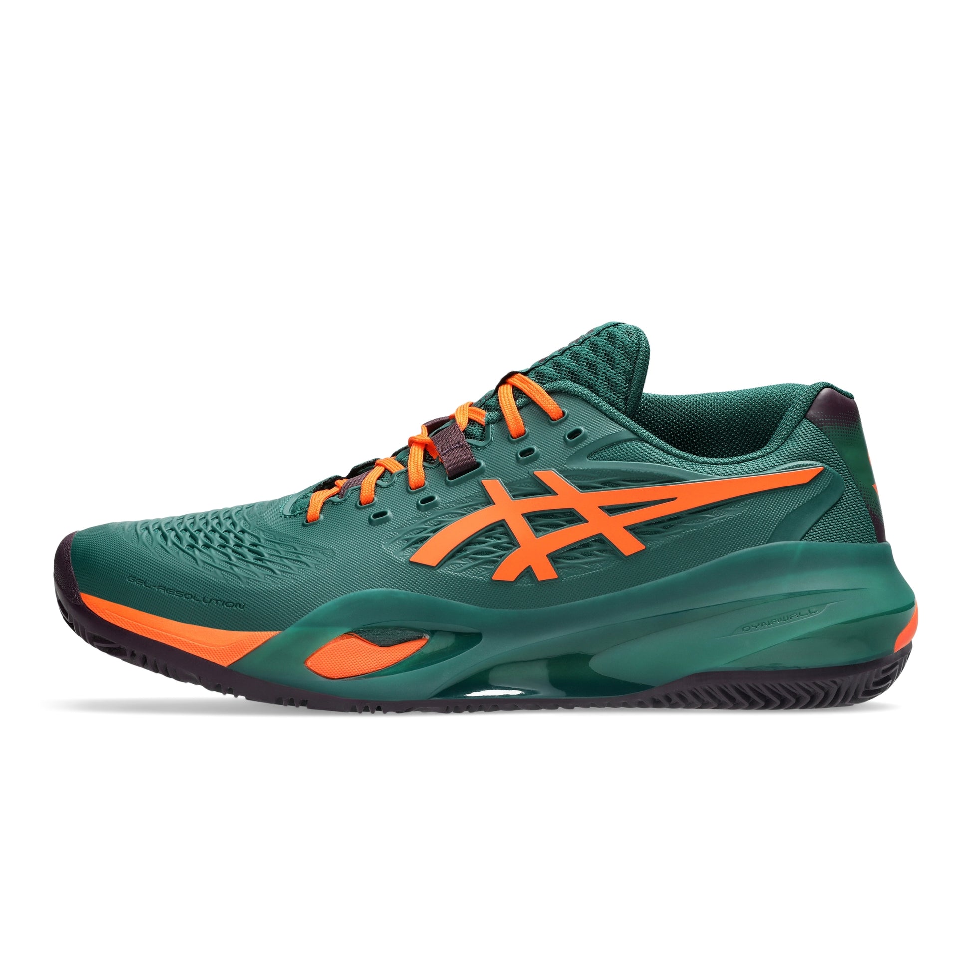 A dark green padel shoe with bright orange accents, including the ASICS logo and laces, shown in a side profile on a white background.