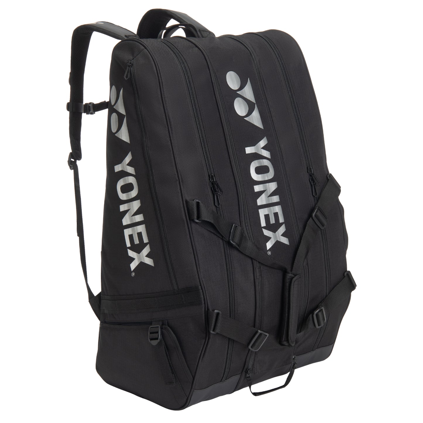 Black Yonex tennis racket bag on a white background