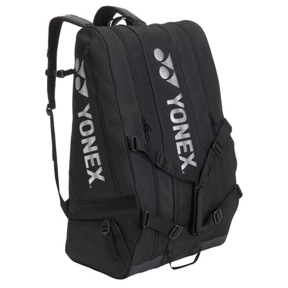 Black Yonex tennis racket bag on a white background