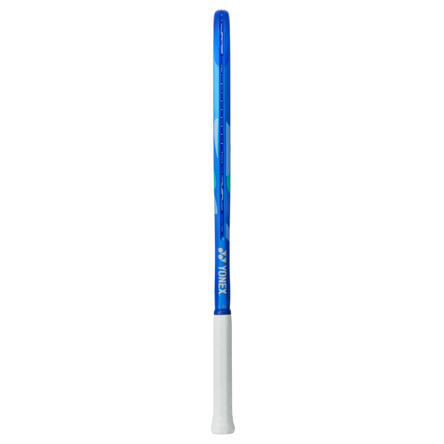 Blue and white Yonex tennis racket on a white background