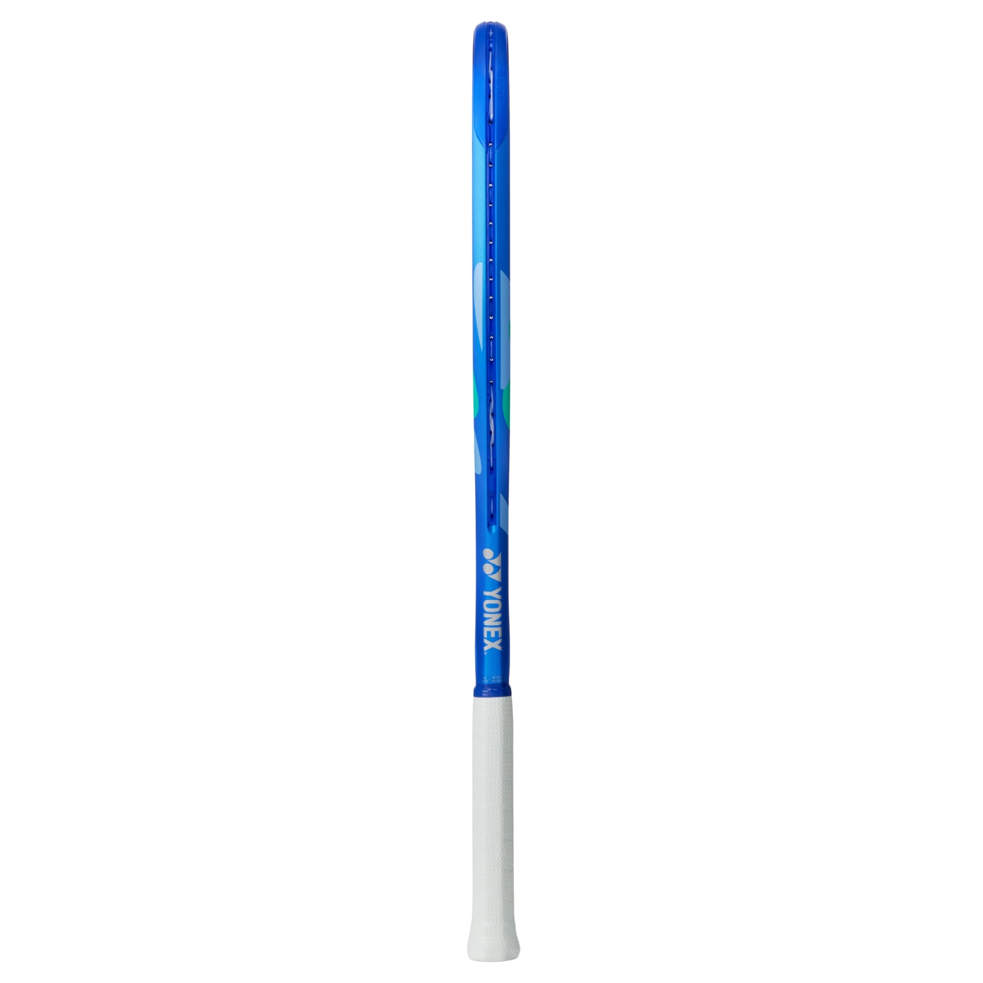 Blue and white Yonex tennis racket on a white background