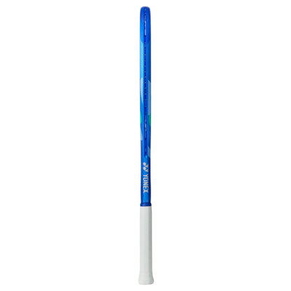 Blue and white Yonex tennis racket on a white background