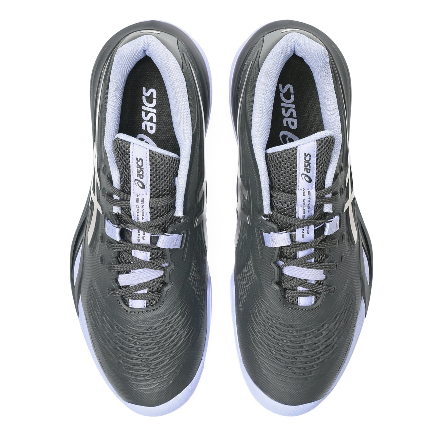 A pair of ASICS tennis shoes shown from a top-down view, featuring a dark gray and black textured upper with white accents, white laces, and white ASICS branding on the tongue and side.
