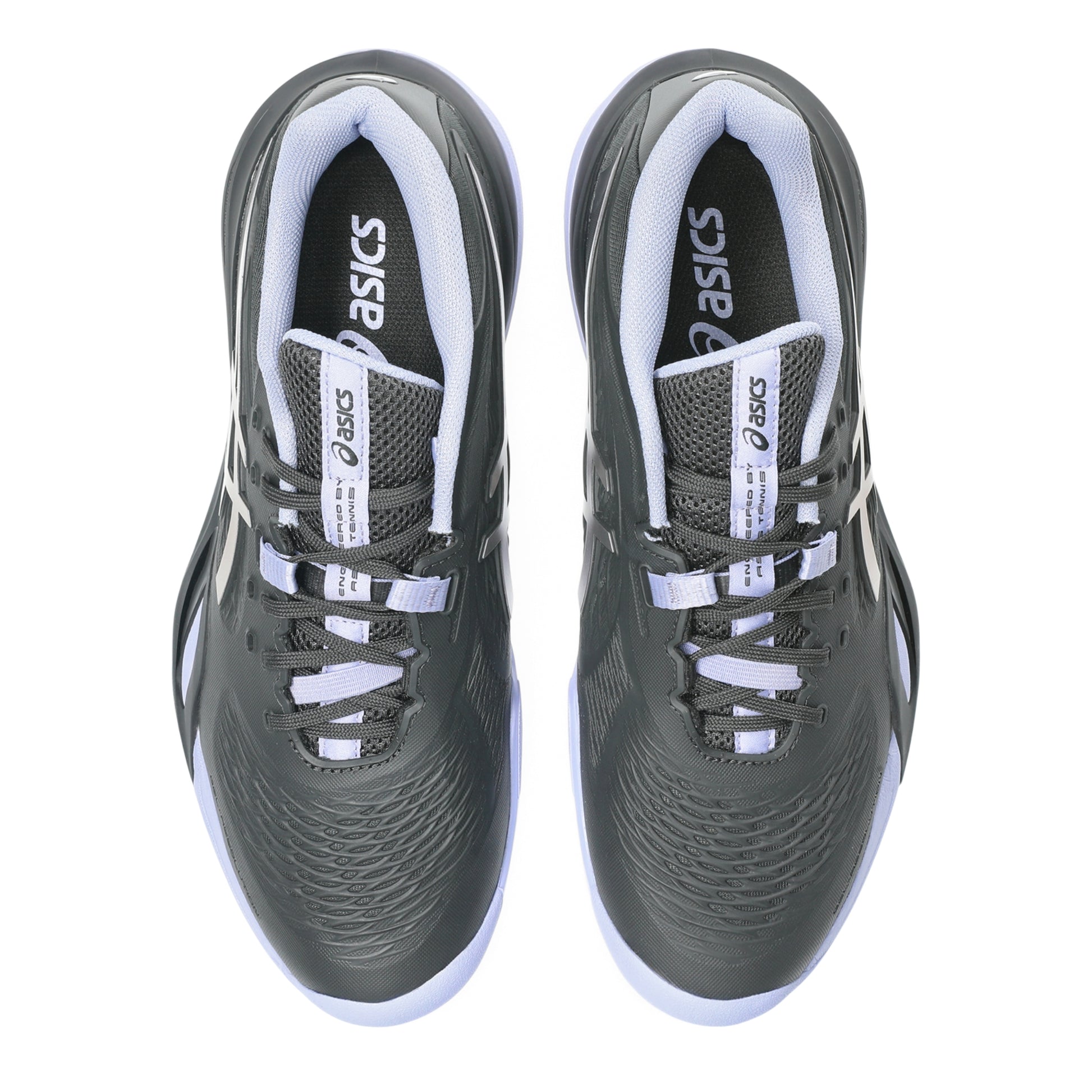 A pair of ASICS tennis shoes shown from a top-down view, featuring a dark gray and black textured upper with white accents, white laces, and white ASICS branding on the tongue and side.