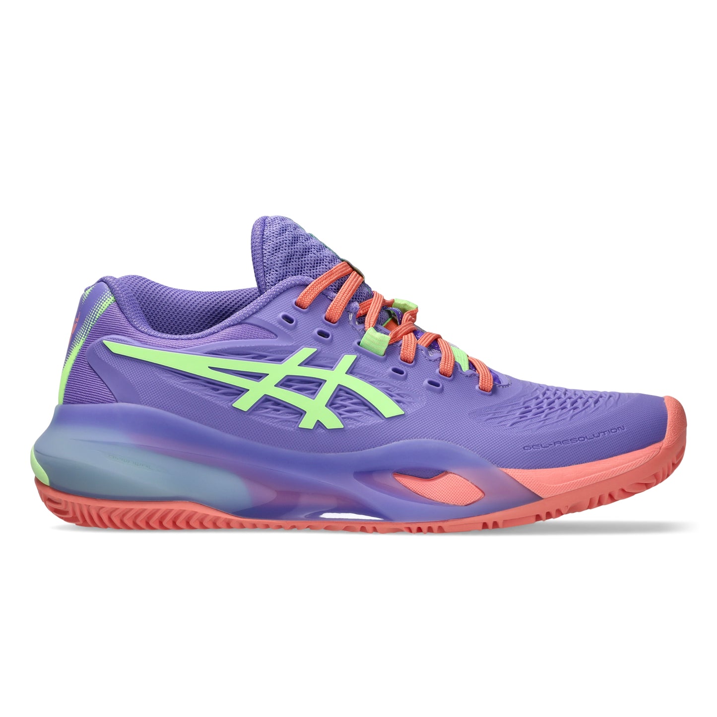 Purple padel shoe with green and orange accents on a white background