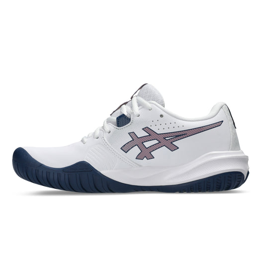 A white ASICS tennis shoe with a pink and navy blue design, featuring the ASICS logo on the side and a translucent pink midsole accent, shown against a plain white background.