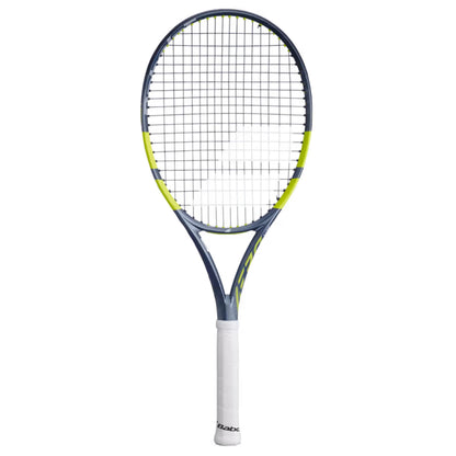 Tennis racket with black and yellow design on a white background
