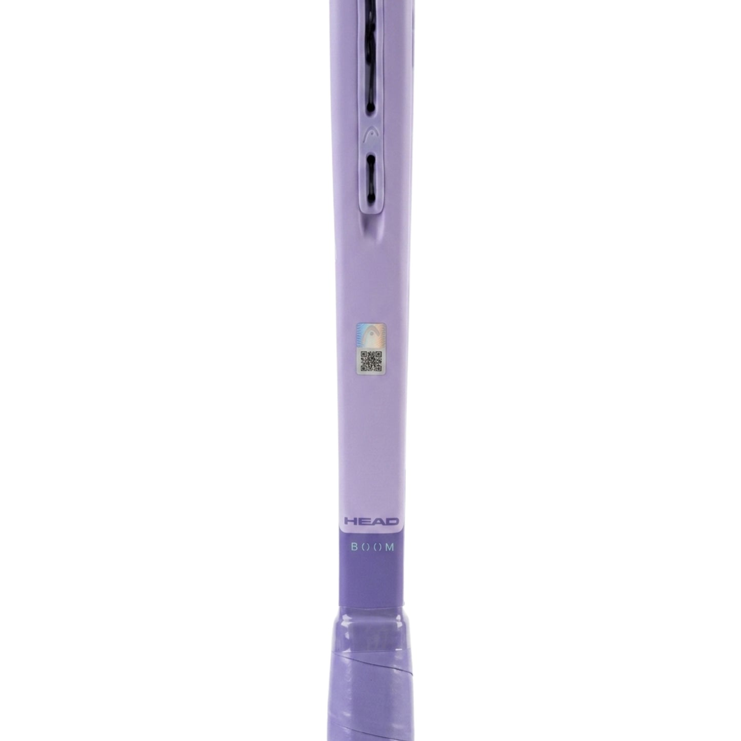 Close-up of a purple HEAD tennis racket showing the textured handle and part of the throat on a white background.