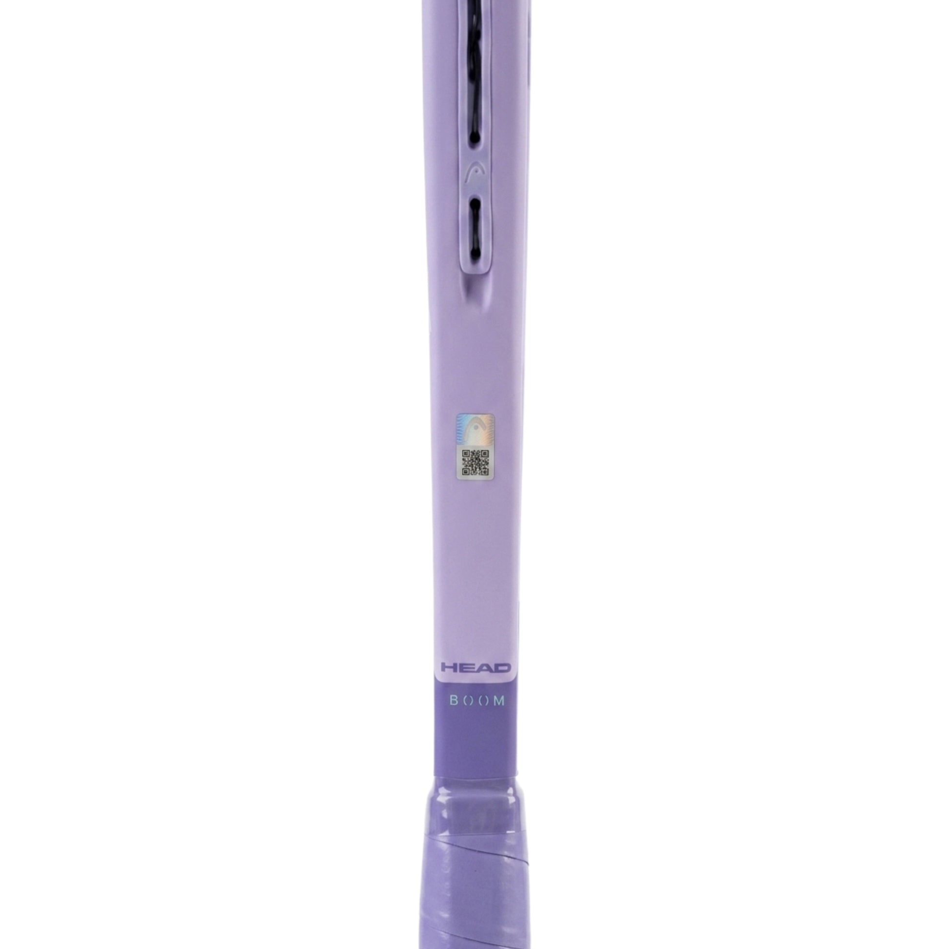 Close-up of a purple HEAD tennis racket showing the textured handle and part of the throat on a white background.