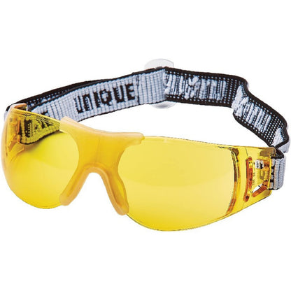 Yellow safety goggles with a black and gray strap on a white background