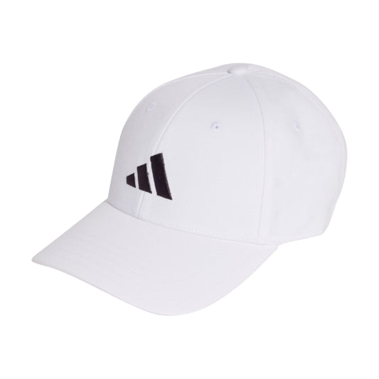 White Adidas cap with black logo on a white background