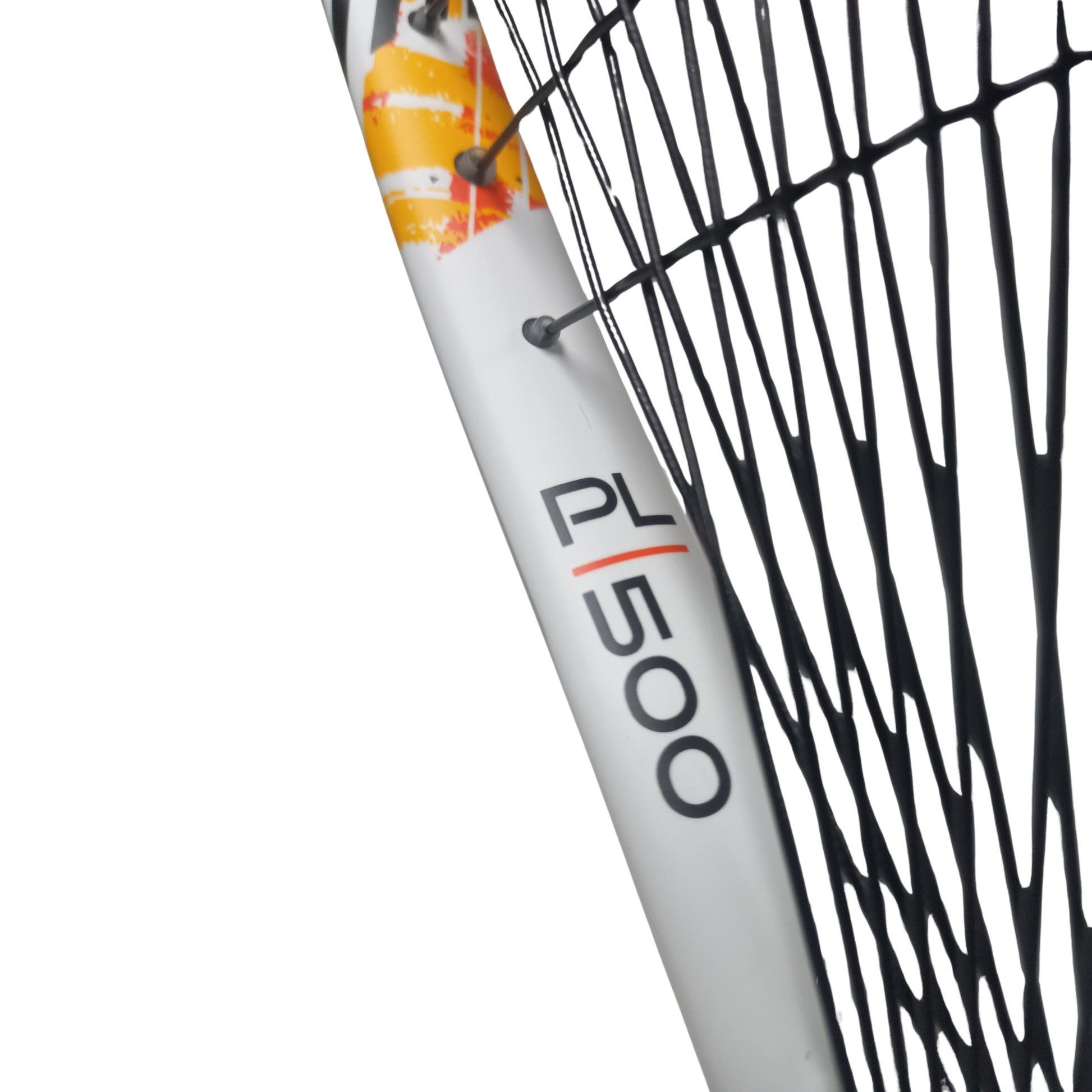 Close-up of a white and orange prince squash racket with 'PL' and '1500' branding, against a white background.