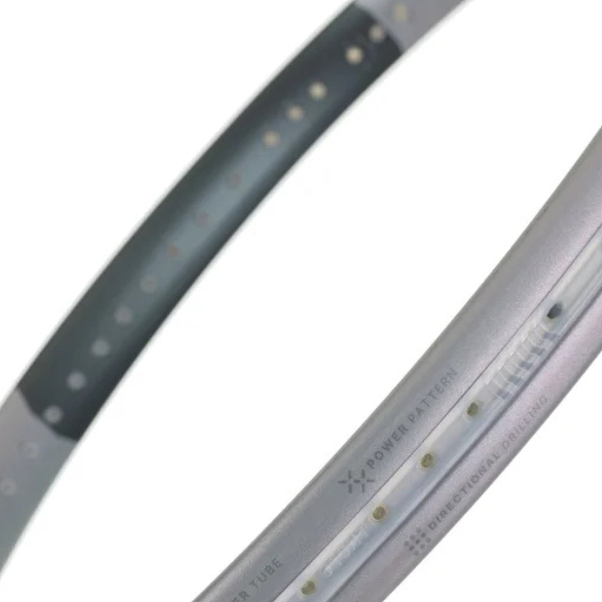 Close-up of a tennis racket silver frame 