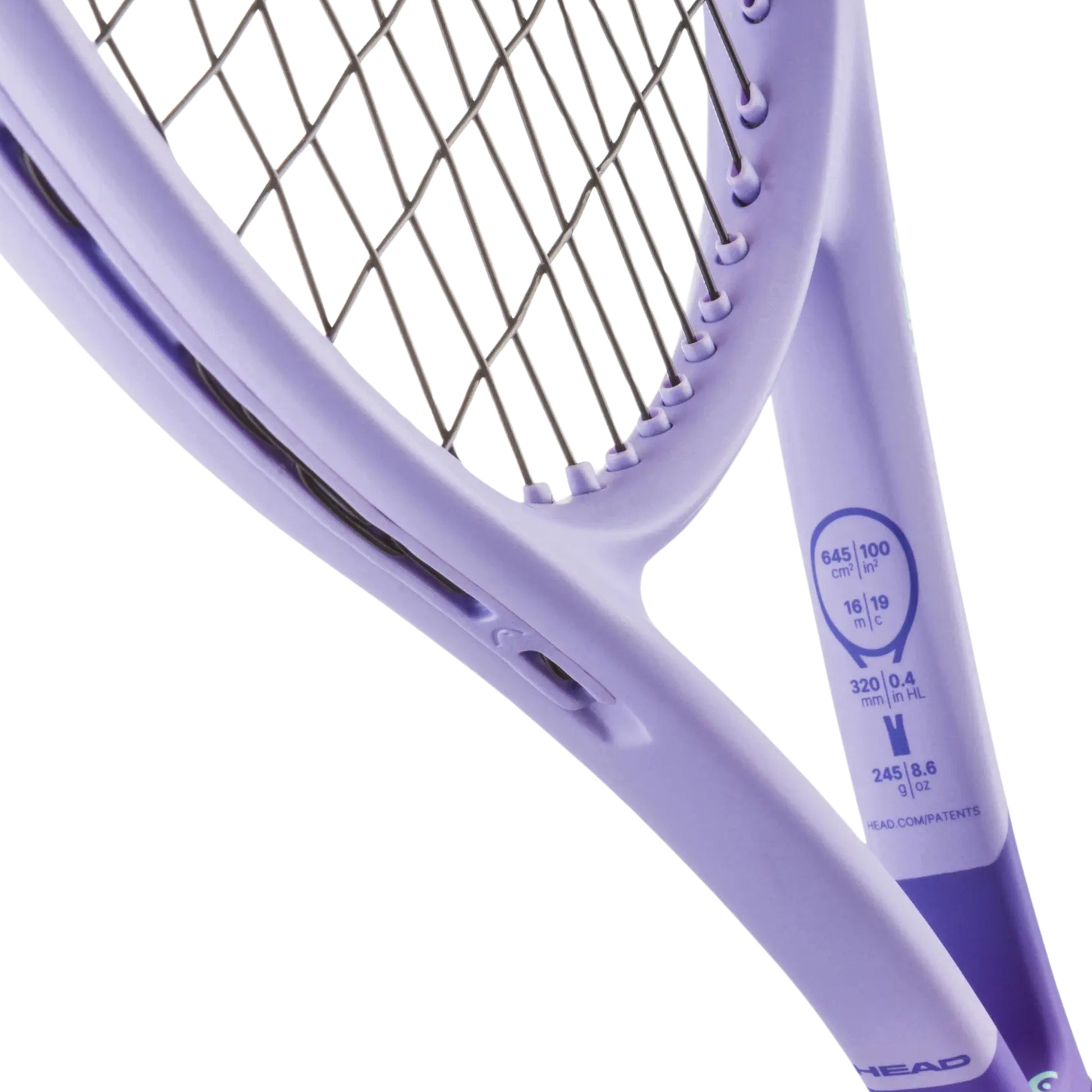 Close-up of a purple HEAD tennis racket showing the throat, strings, and part of the handle against a white background.