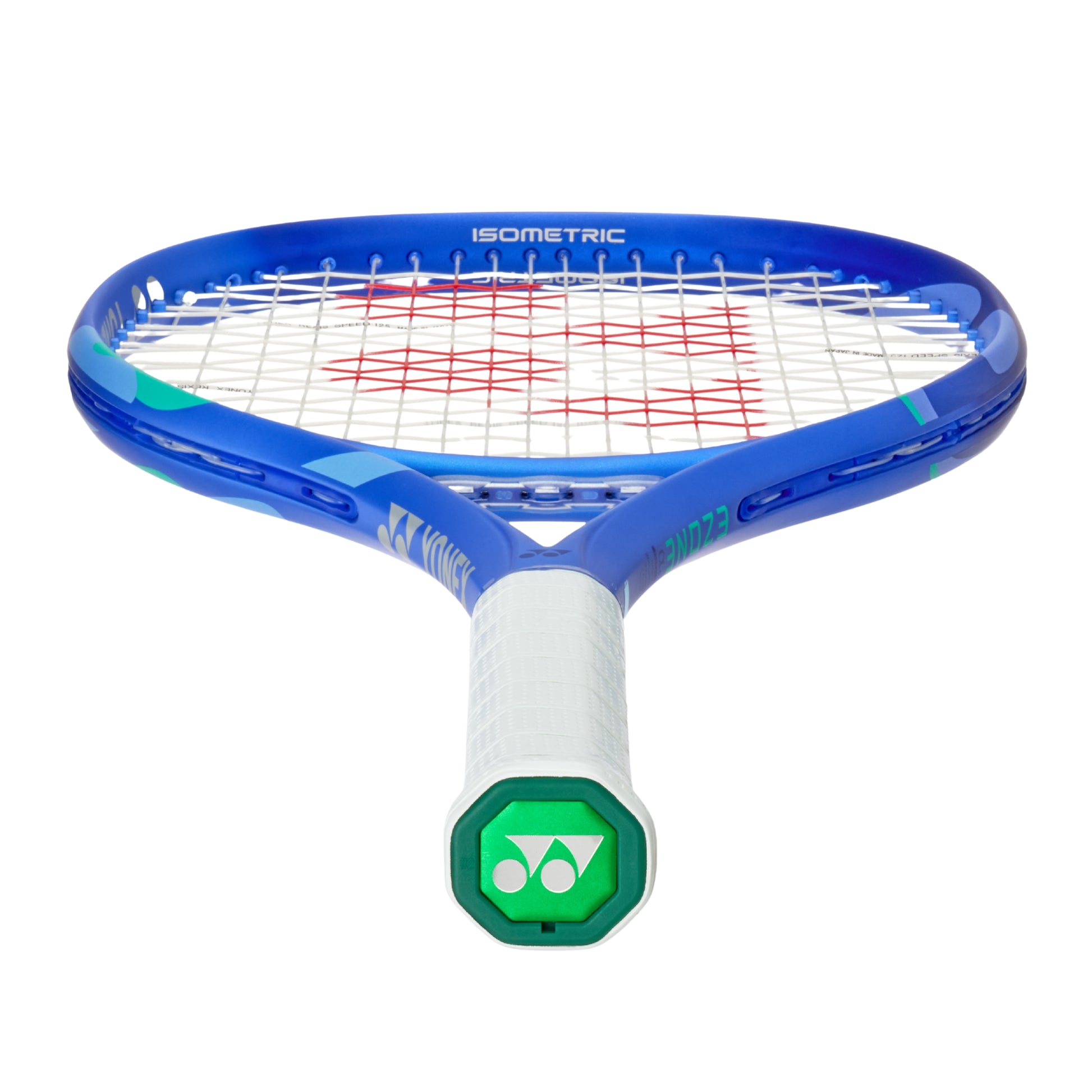 Tennis racket with blue frame and white strings on a white background