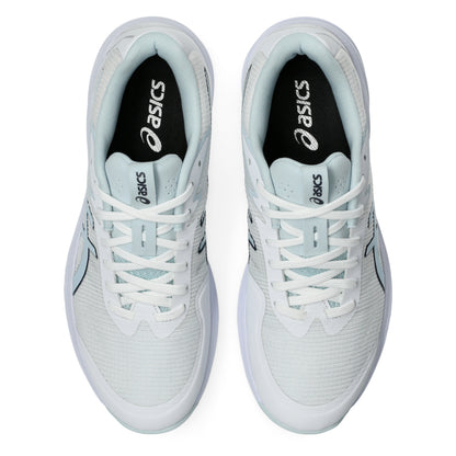 Pair of white Asics netball shoes on a white background
