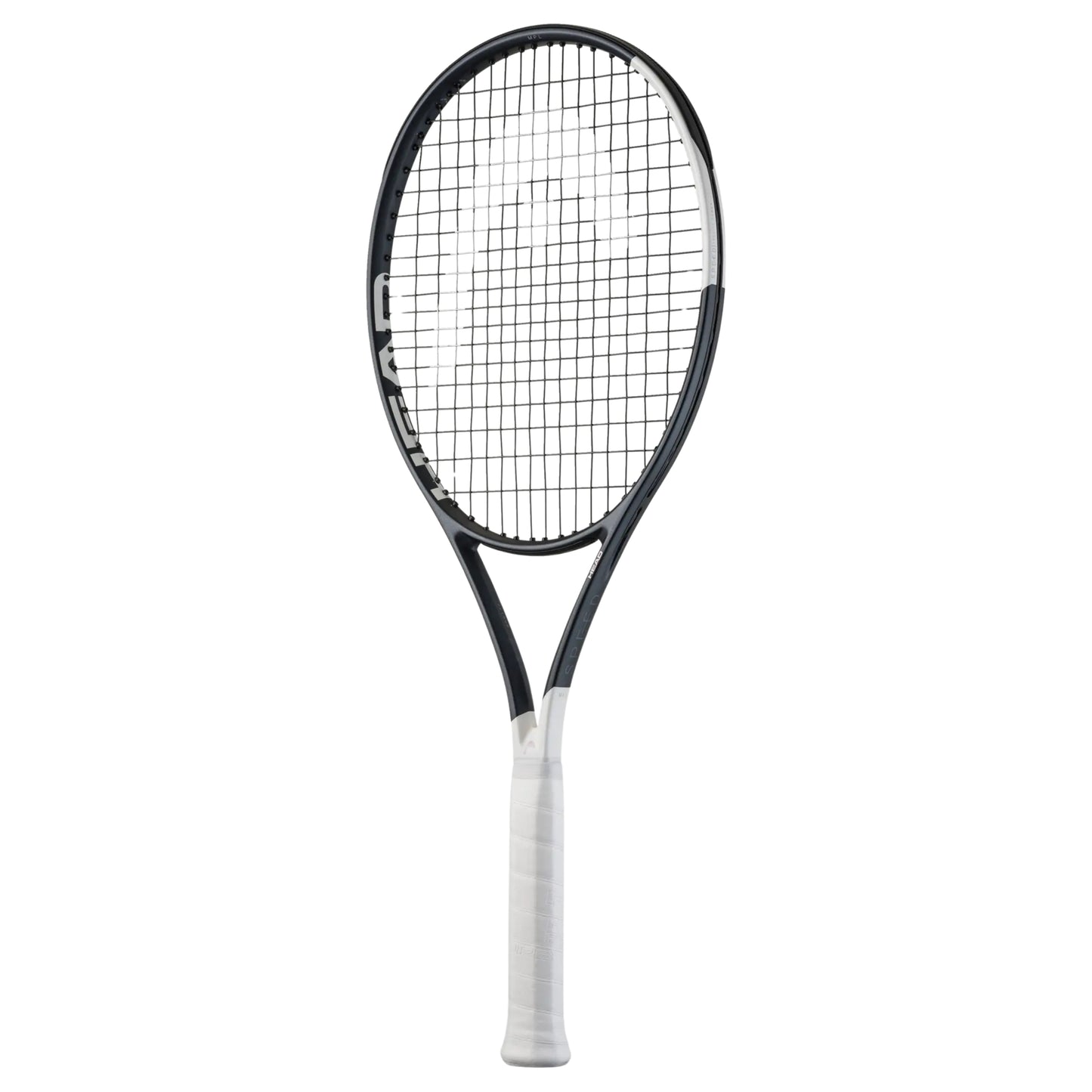 Tennis racket with black frame and white handle on a white background