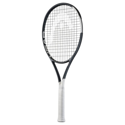 Tennis racket with black frame and white handle on a white background