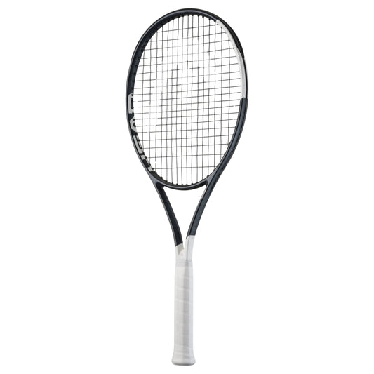 Tennis racket with black frame and white handle on a white background