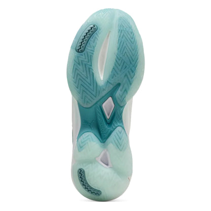 Teal netball shoes with white sole on a white background