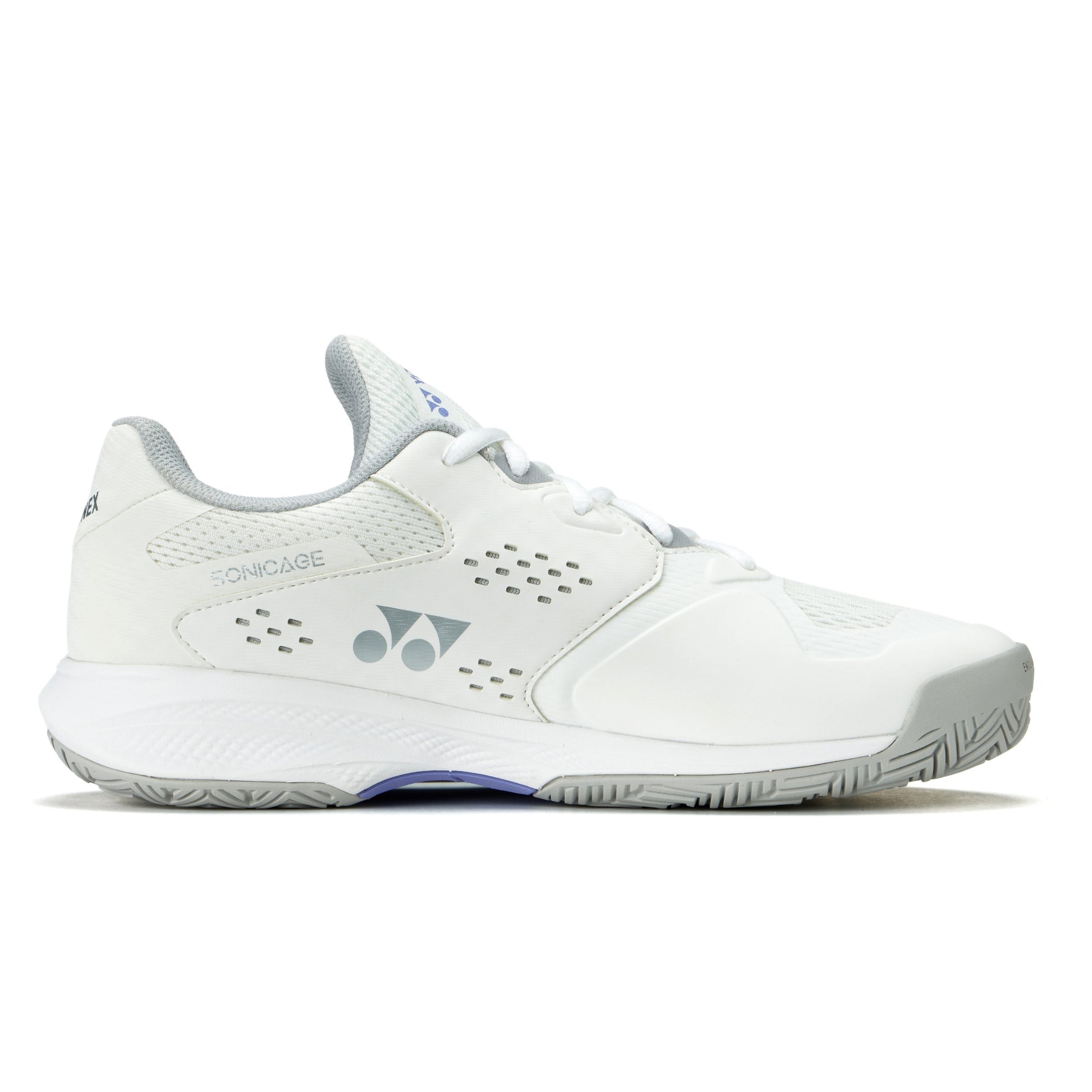White Yonex Sonicage tennis shoe with brand logo on a white background
