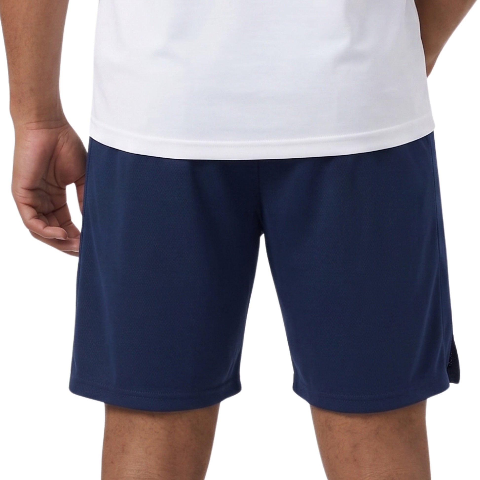 Navy Yonex shorts with a brand logo on a white background