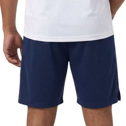 Navy Yonex shorts with a brand logo on a white background