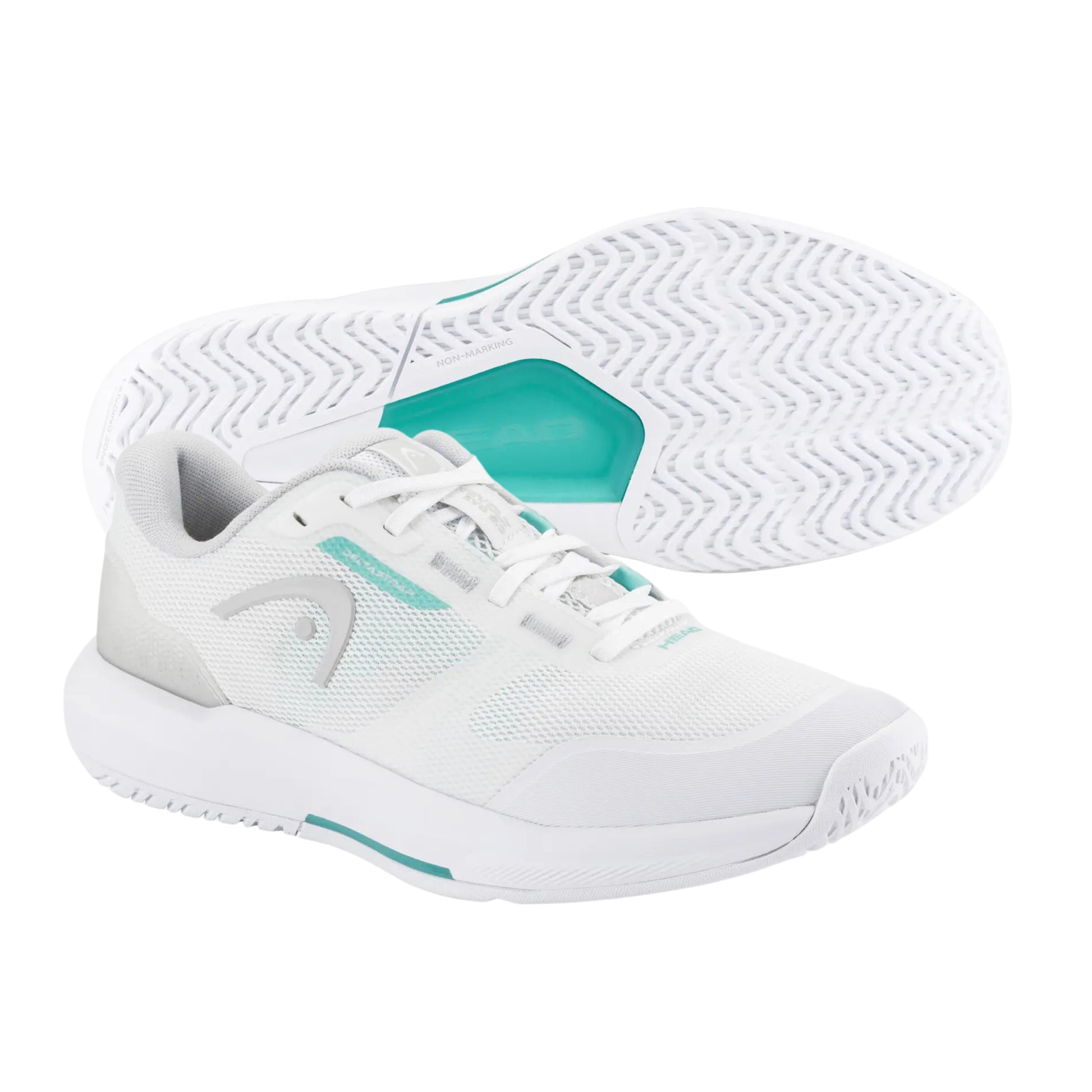 White Head tennis shoes with teal accents on a white background