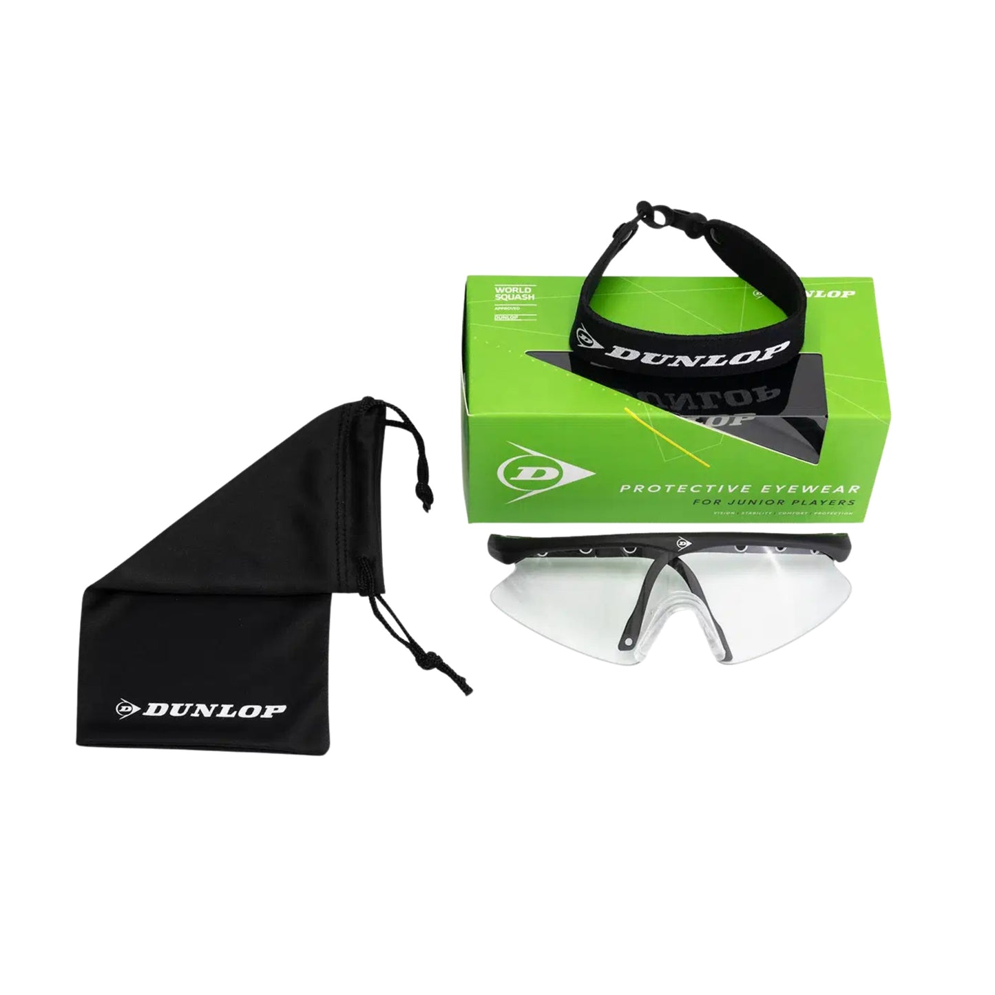 Dunlop protective eyewear squash set with packaging on a white background