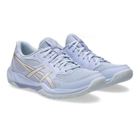 Light blue squash shoes with gold accents on a white background