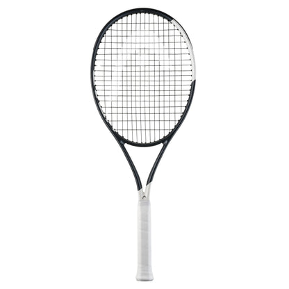 Tennis racket with black frame and white handle on a white background