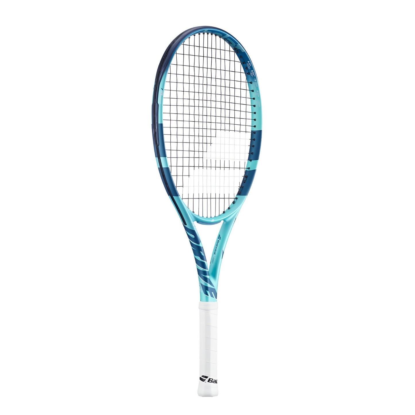 Teal and Navy Babolat racket side view with wording Drive on the right side and a white handle