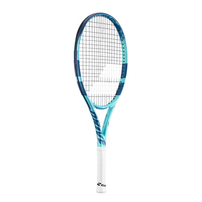 Teal and Navy Babolat racket side view with wording Drive on the right side and a white handle