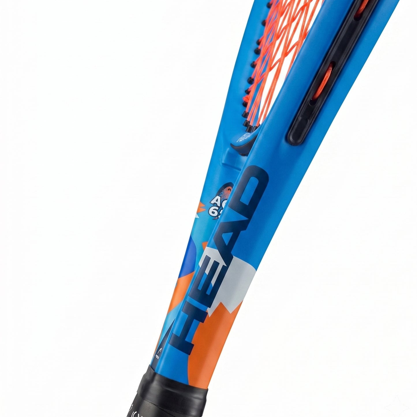 Close-up of a HEAD junior tennis racket showing the blue, orange, and white frame design, orange strings, and black grip against a white background.