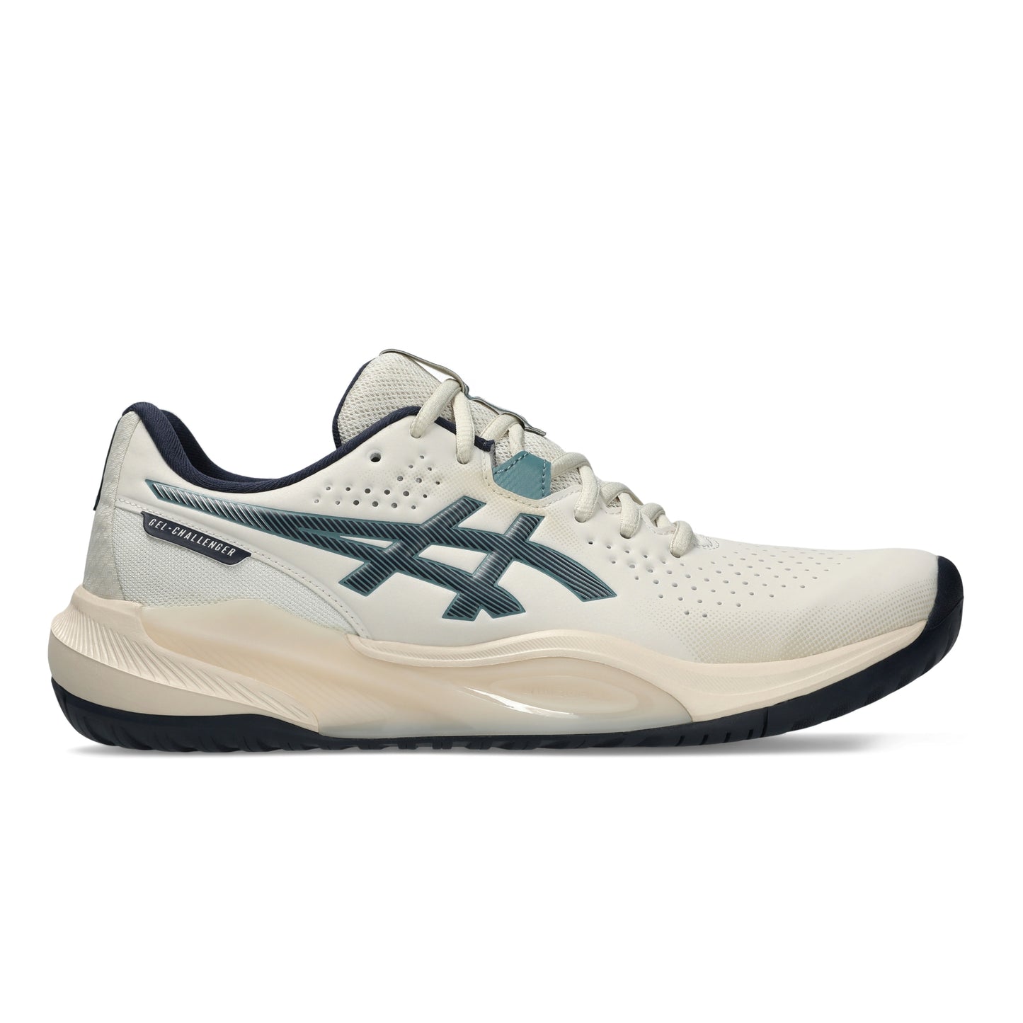 An Asics G-Challenger 15 tennis shoe in off-white with dark teal and navy accents, shown in a side profile on a white background.