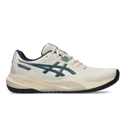 An Asics G-Challenger 15 tennis shoe in off-white with dark teal and navy accents, shown in a side profile on a white background.