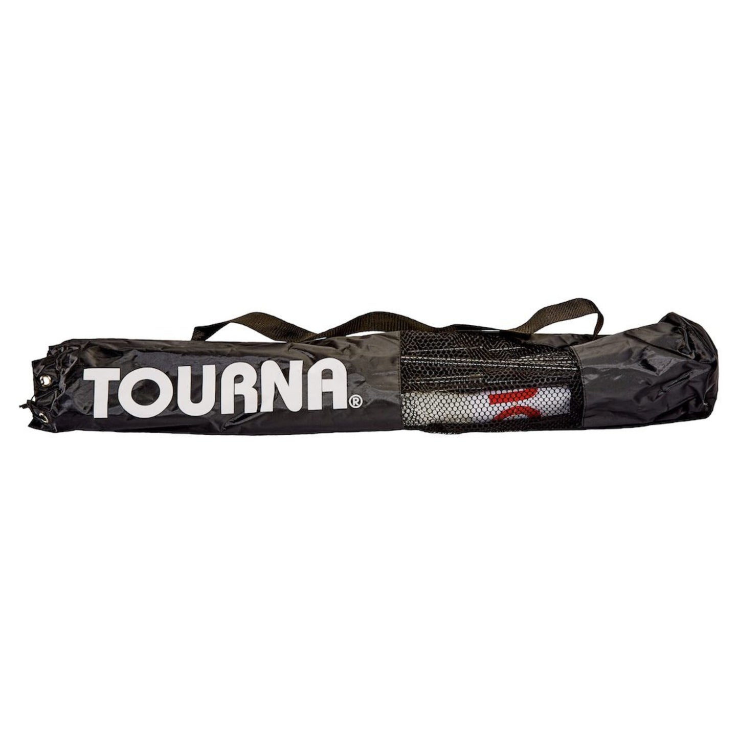 Black net bag with 'TOURNA' branding on a white background